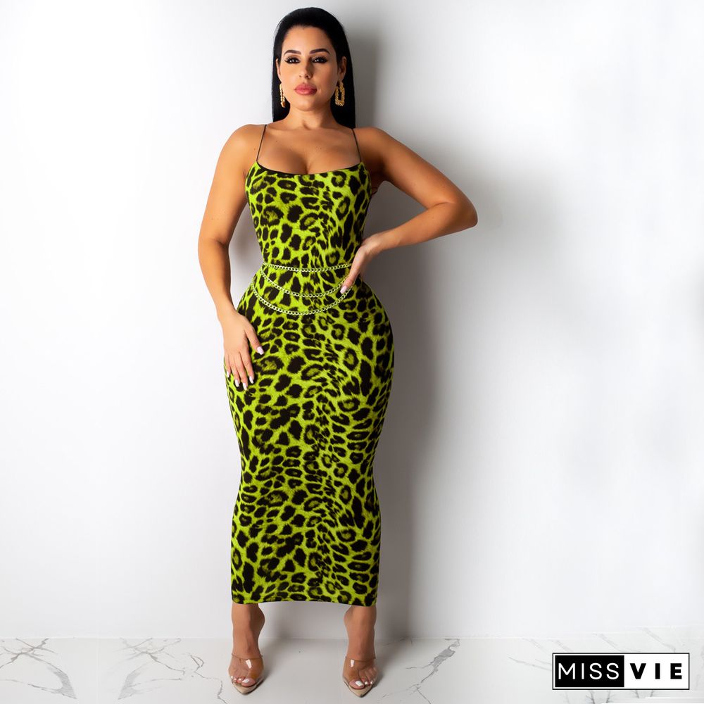 Stylish Leopard Printed Straps Skinny Maxi Dress