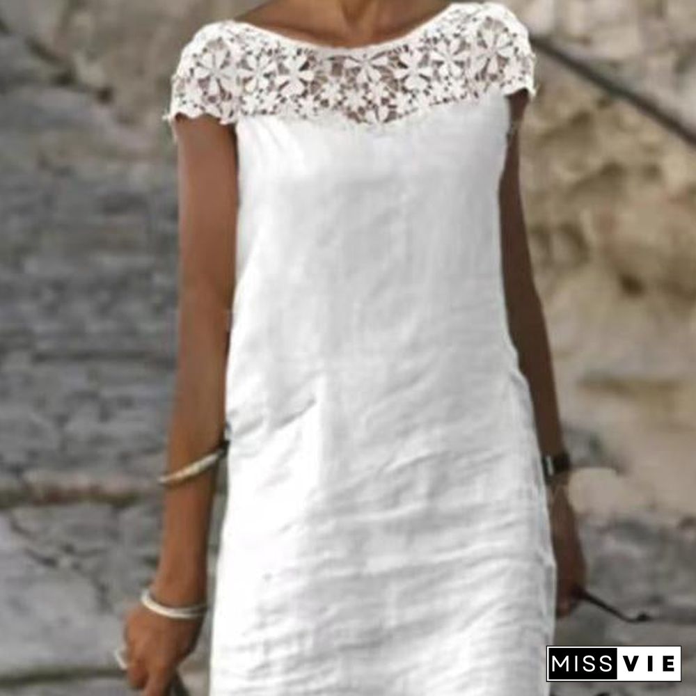 Women Pure Color Lace Joint Dress