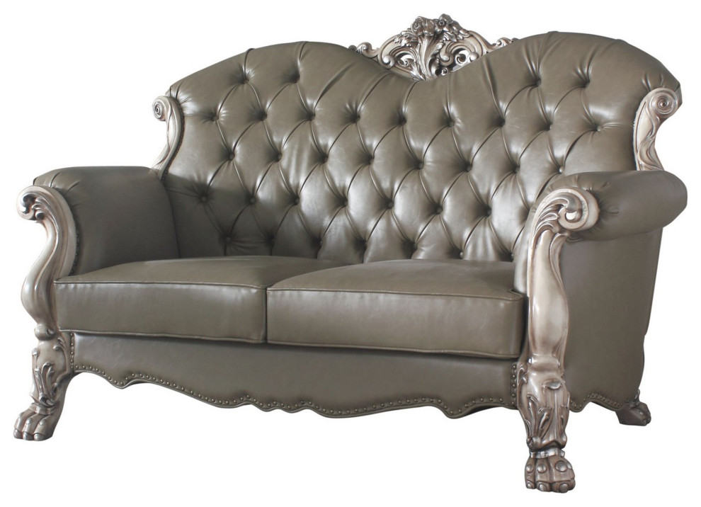 Traditional Leatherette Loveseat With Button Tufted And Carved Details  Gray   Victorian   Loveseats   by VirVentures  Houzz