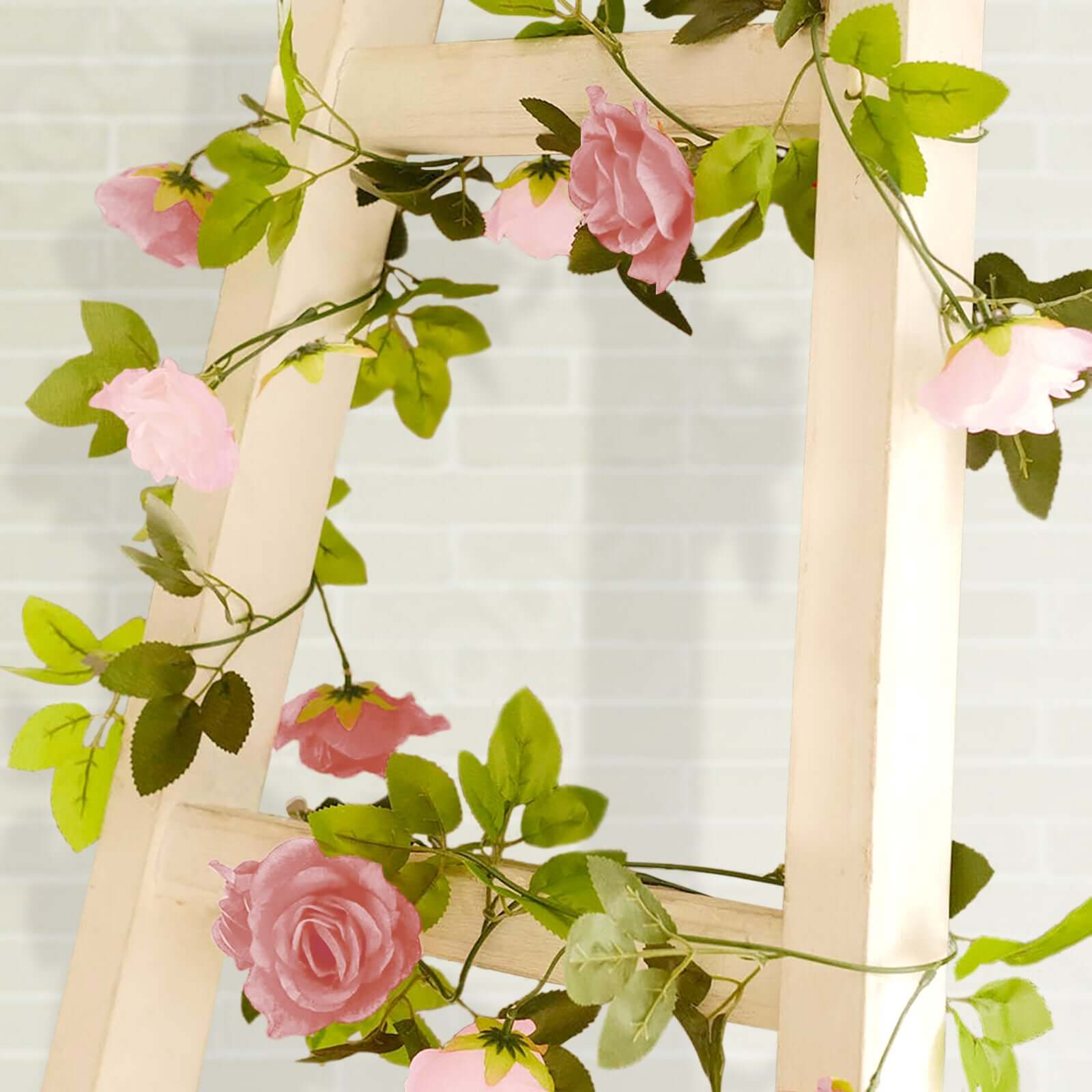 2 Pack Blush Dusty Rose Artificial Silk Mini Rose Vines Hanging Flower Garland with 26 Flower Heads - 7ft