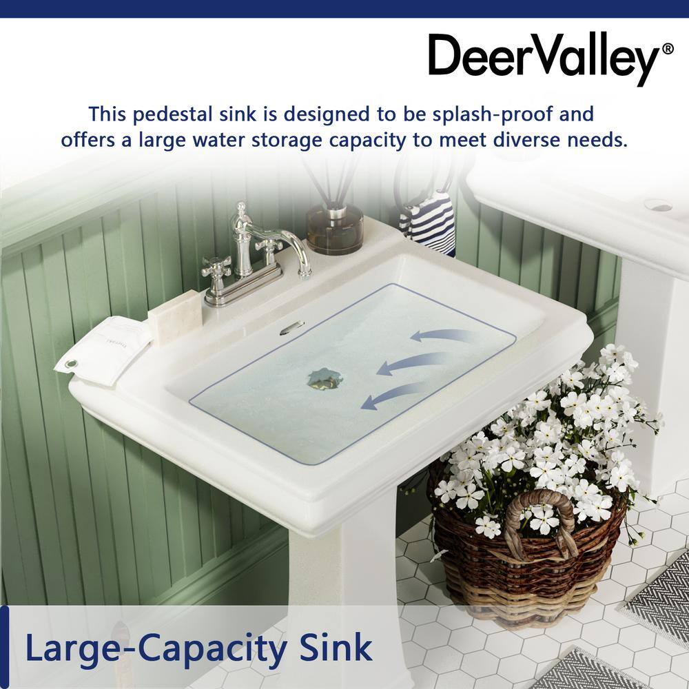 DEERVALLEY Apex White Vitreous China Rectangular Pedestal Combo Bathroom Sink in White with 4 in. Centerset Faucet Holes DV-1P521