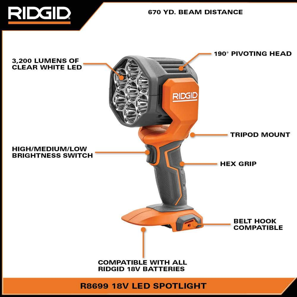 RIDGID 18V Cordless LED Spotlight with (2) 4.0 Ah Batteries, Charger, and Bag R8699B-AC93044SBN