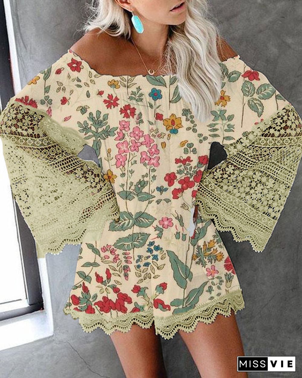 Long-Sleeve Off-Shoulder Printed Lace Loose Mini Dress S-5XL