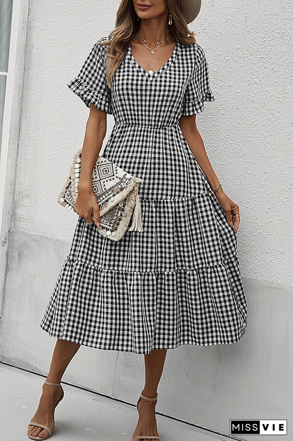 Plaid V-neck Short Sleeve Long Dress Wholesale