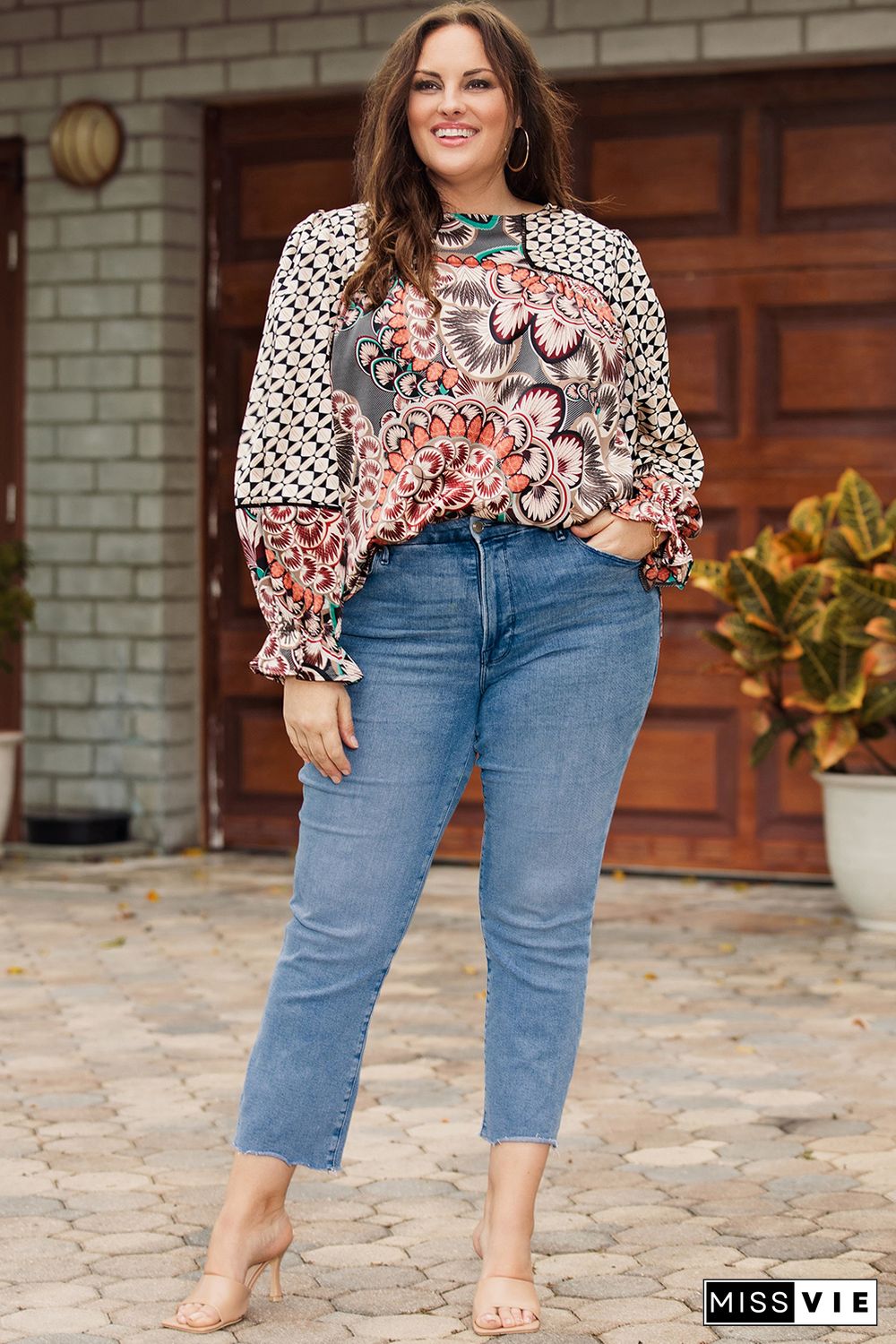 Black Plus Size Mixed Print Long Sleeve Blouse