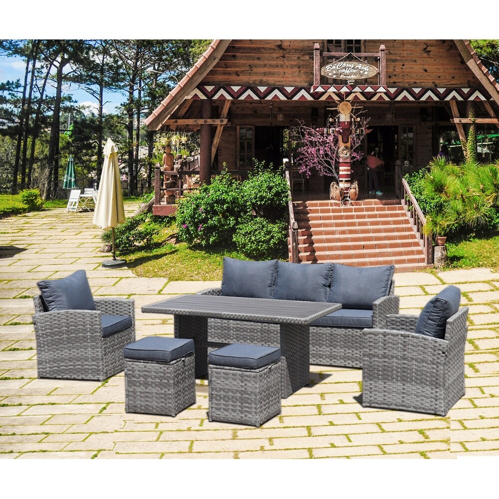 6 Piece Outdoor PE Rattan Sofa Set Patio Garden Wicker Dining and Coffee Sofa Dark Brown