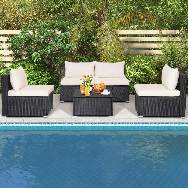 Costway 5pcs Patio Rattan Wicker Furniture Conversation Set Cushioned Sofa Deck