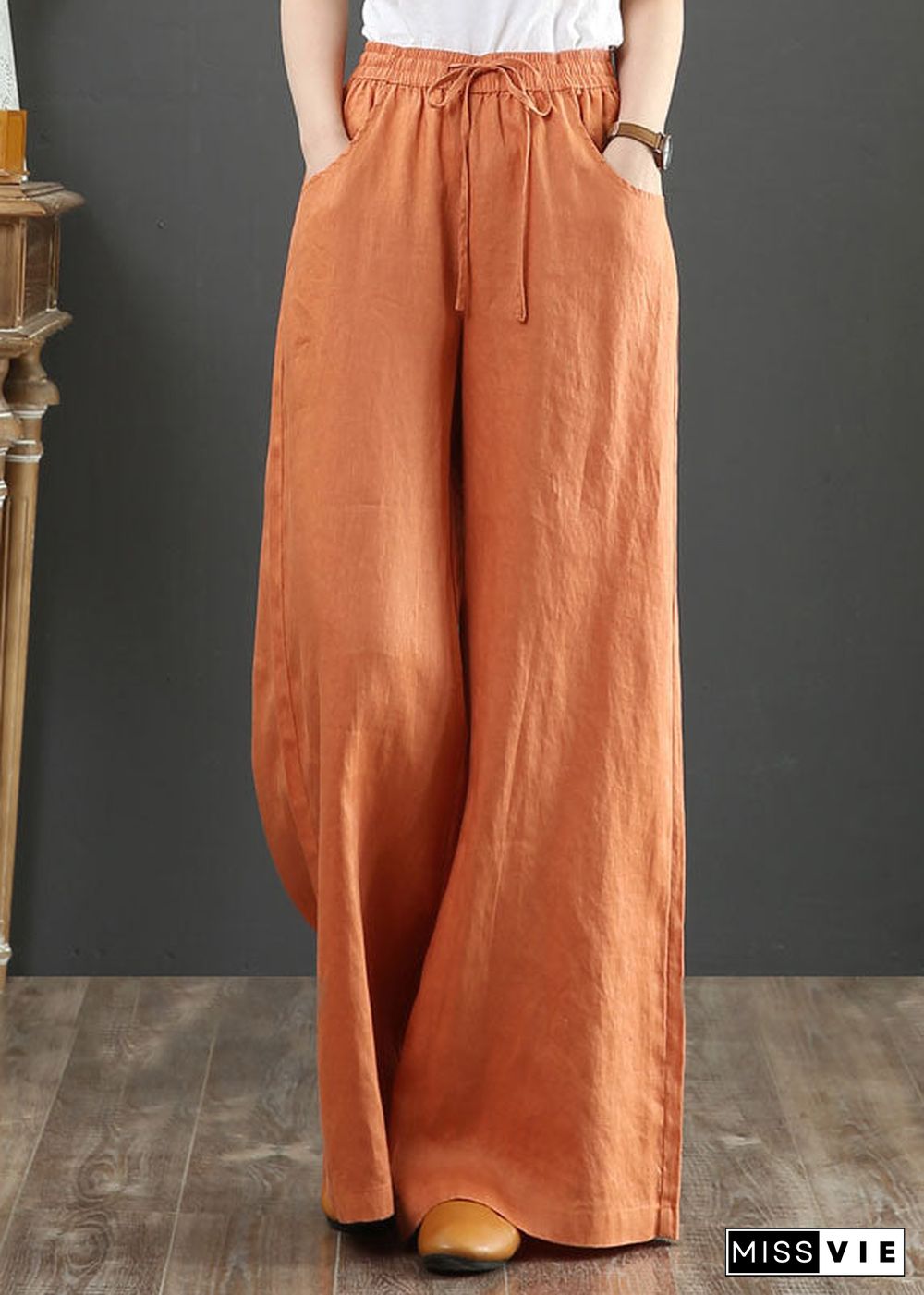 Orange Elastic Waist Linen Straight Pants Solid Color Drawstring Summer