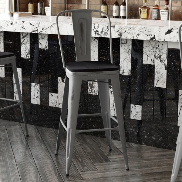 Flash Furniture Lincoln 30'' Barstool with Back and Black Wood Seat - 17.75