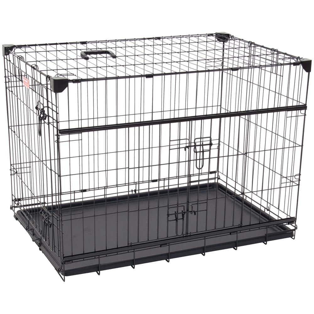 Lucky Dog 30 in. Sliding Double Door Dog Crate with Patented Corner Stabilizers, Removable Tray, Rubber Feet and Carrying Handle ZW 51530