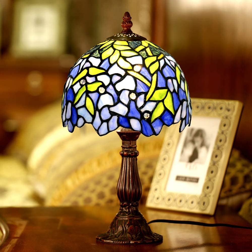 SHADY Mini  Style Stained Glass Table Lamp 8 Inch Rose Wisteria Shade Decoration Lamp for Living Room  Bedroom Bedside 110V-220V Zinc Alloy Base Wisteria