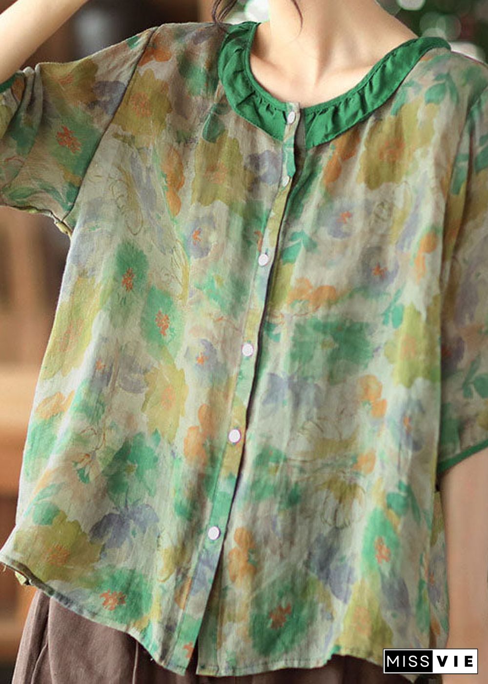 Simple Green O Neck Patchwork Print Linen Shirt Tops Half Sleeve