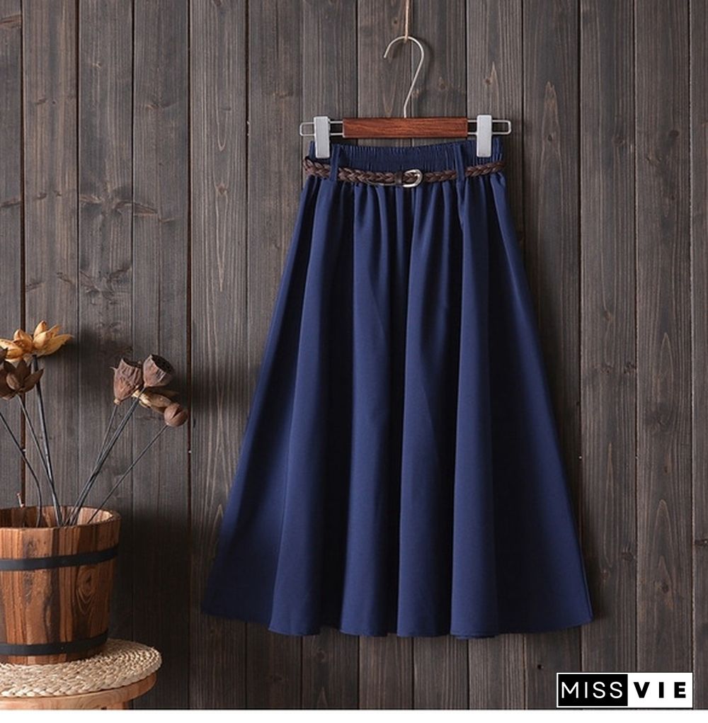 Midi Knee Length Summer Skirt Women With Belt Ladies High Waist Pleated A-Line School Skirt Female