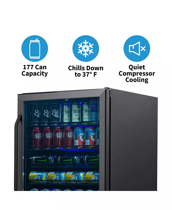 Newair 24 Built-in 177 Can Beverage Fridge in Black Stainless Steel with Precision Temperature Controls and Adjustable Shelves