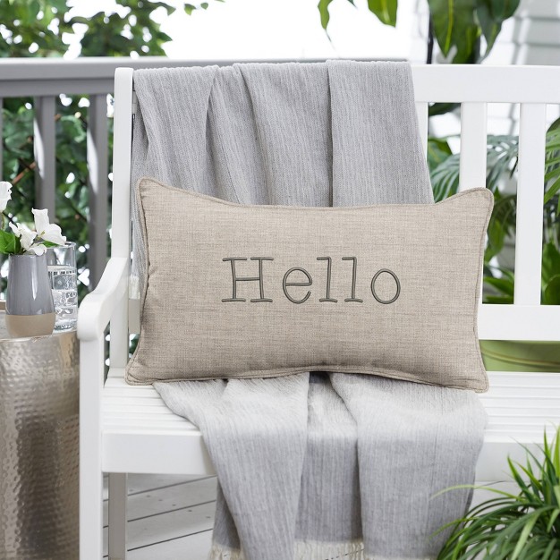 Indoor outdoor Hello Embroidered Lumbar Throw Pillow Sorra Home