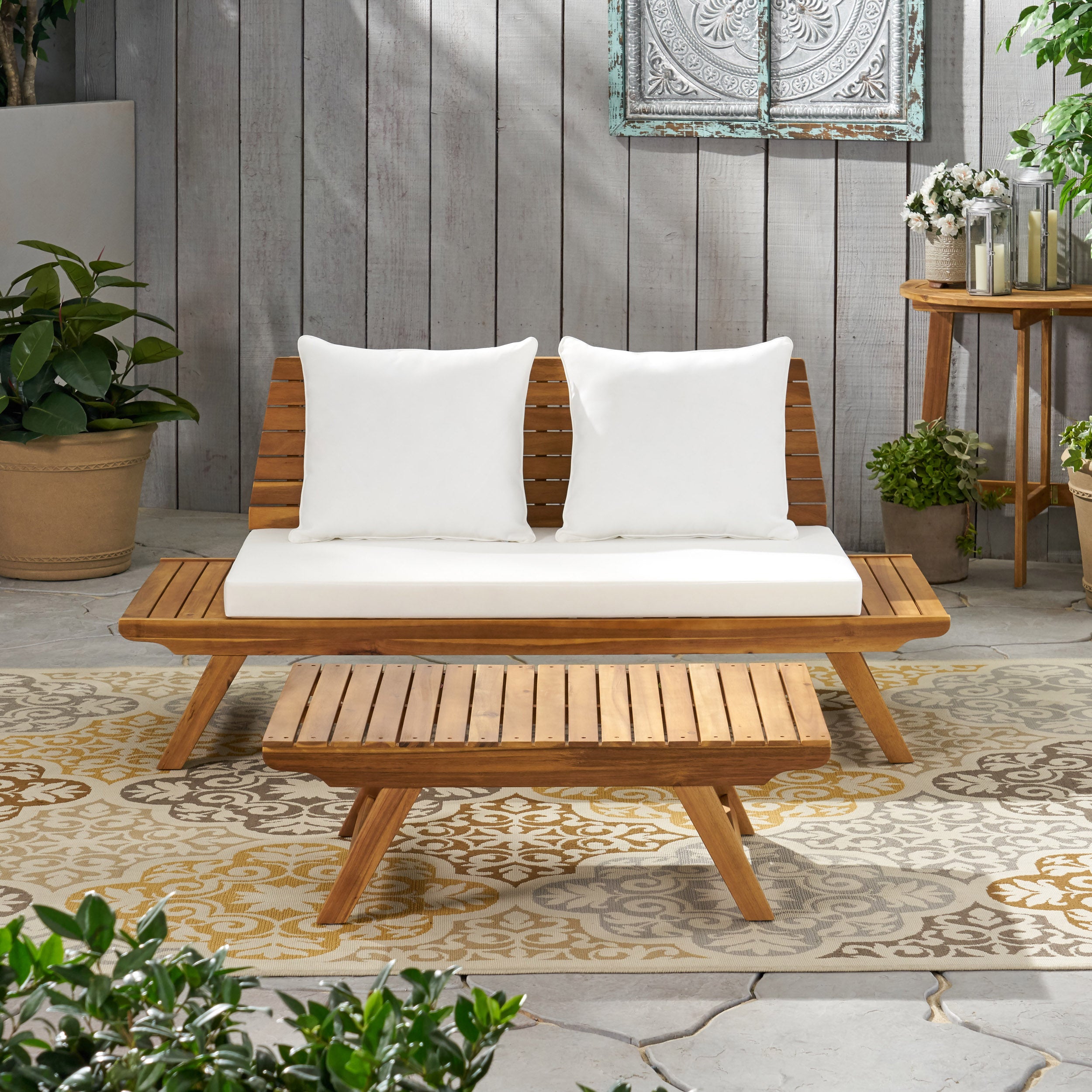 Kaiya Outdoor 2 Seater Acacia Wood Loveseat and Coffee Table Set