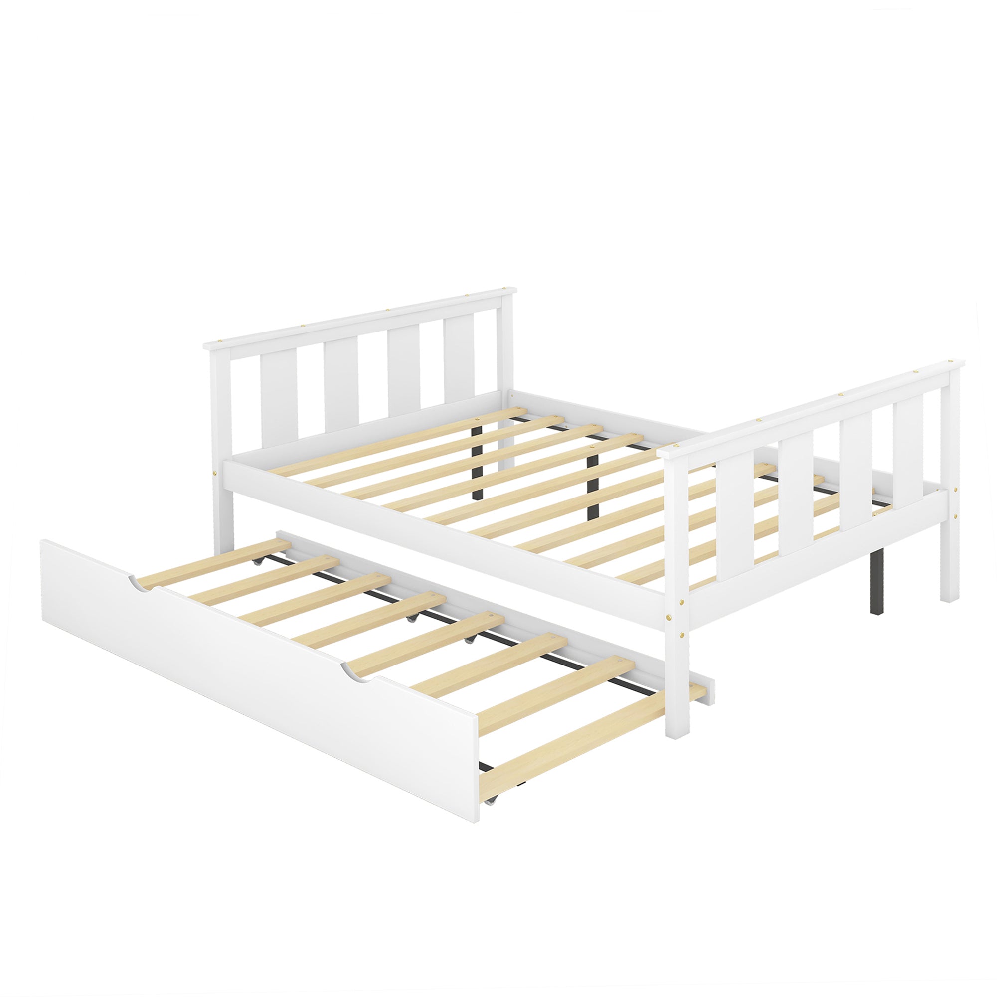 BTMWAY Full Bed with Trundle, Modern Full Size Solid Wood Platform Bed Frame with Headboard, Footboard and Trundle Included, No Box Spring Needed, Trundle Bed for Kids Teens Adults, White