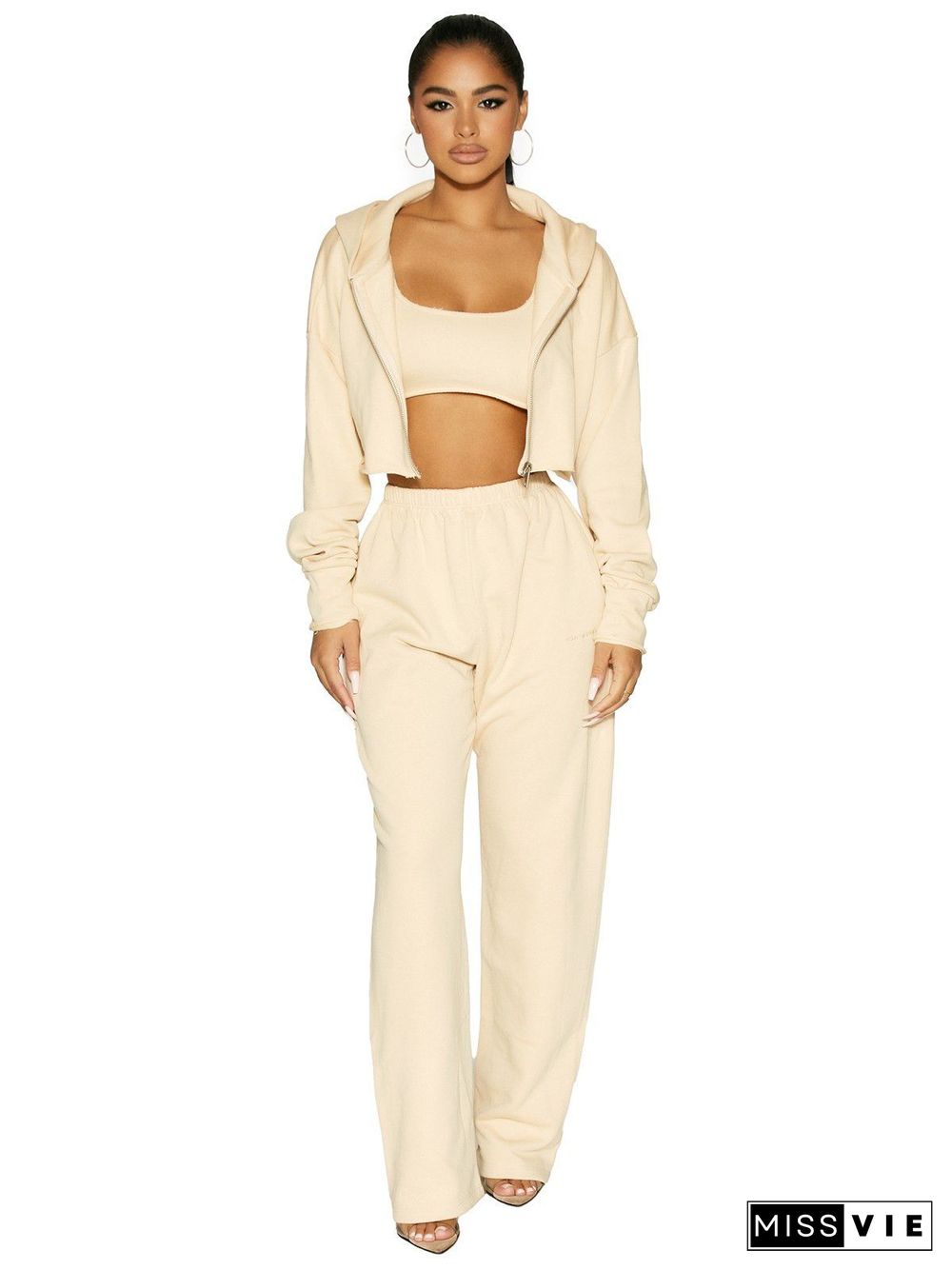 Thicken Zip Hooded Crop Top Wide Leg Pants Set