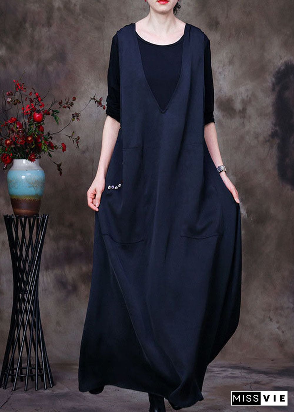 Fashion Black V Neck pockets Silk Maxi Dresses Sleeveless