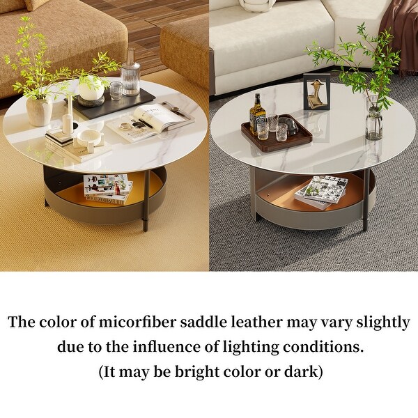 Sintered Stone Round Coffee Table Microfiber Saddle Leather Covered