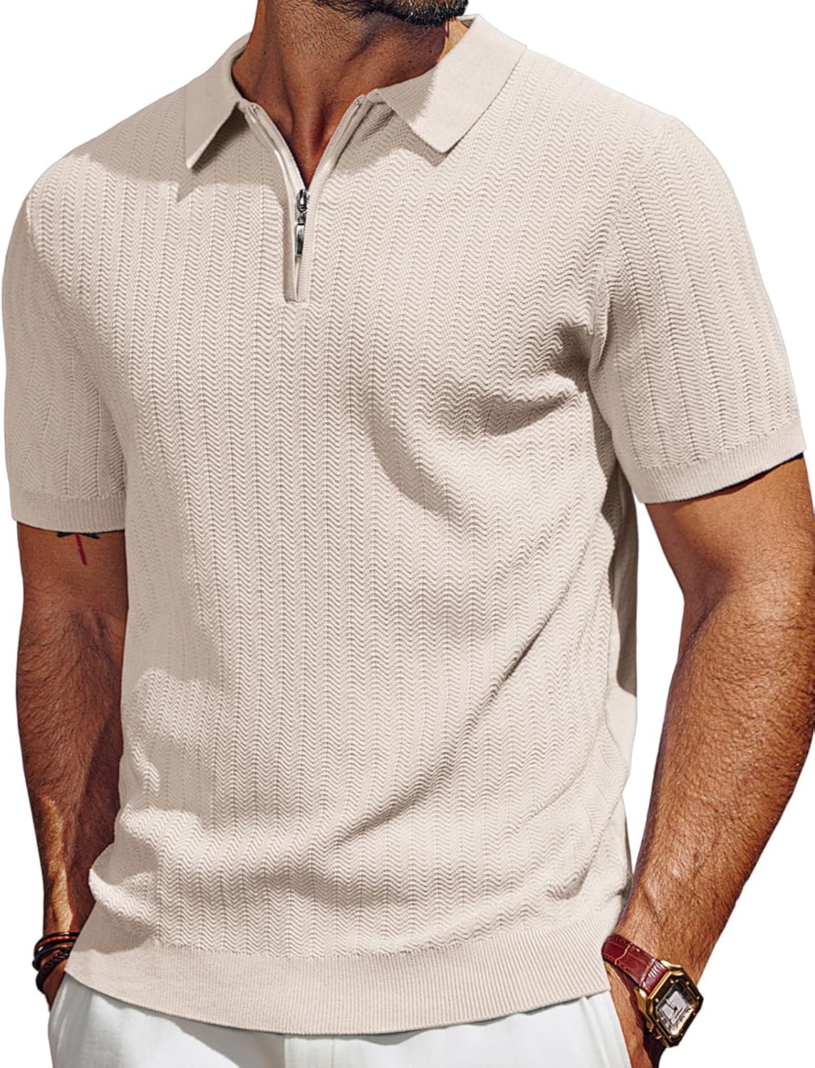 Men's Polo Shirts Quarter Zip Textured Knit Shirts Summer Shirt