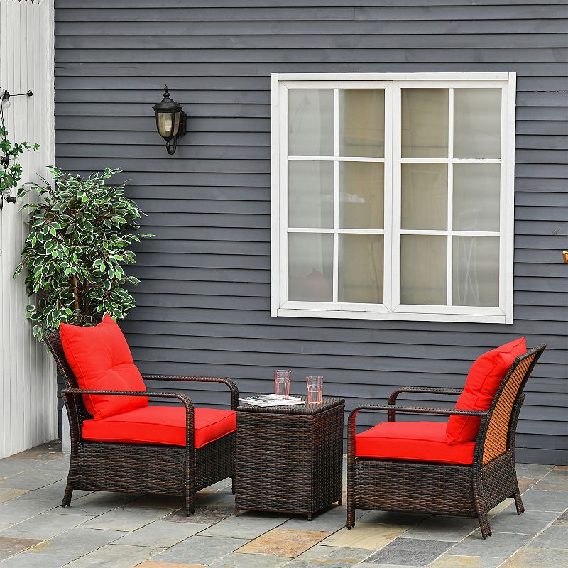 Outsunny 3 PCS Rattan Wicker Bistro Set with Storage Table Patio Furniture Set Outdoor Sofa Set with Washable Cushion Coversation Set for Garden Balcony Porch Red