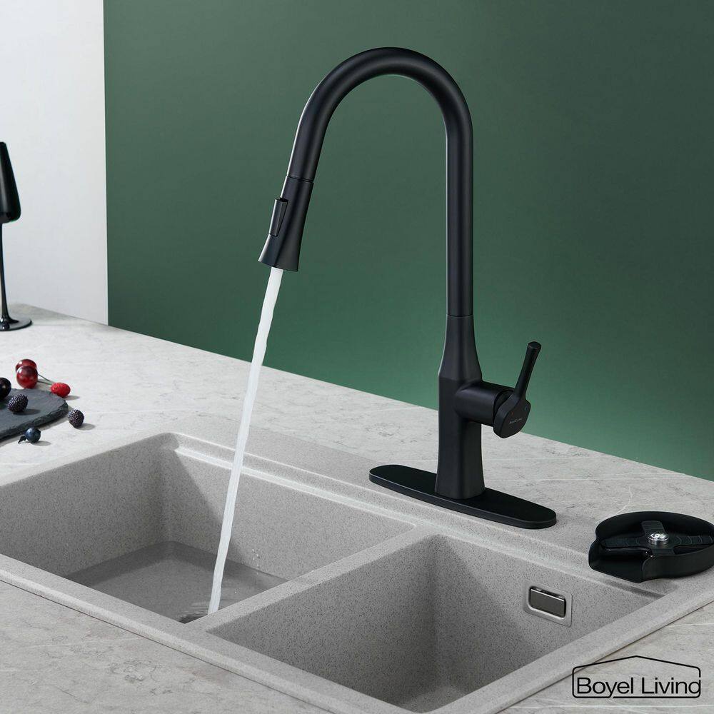 Boyel Living Single Handle No Sensor Pull Down Sprayer Kitchen Faucet with Deckplate Included and Glass Rinser in Matte Black BL-D3541-MB