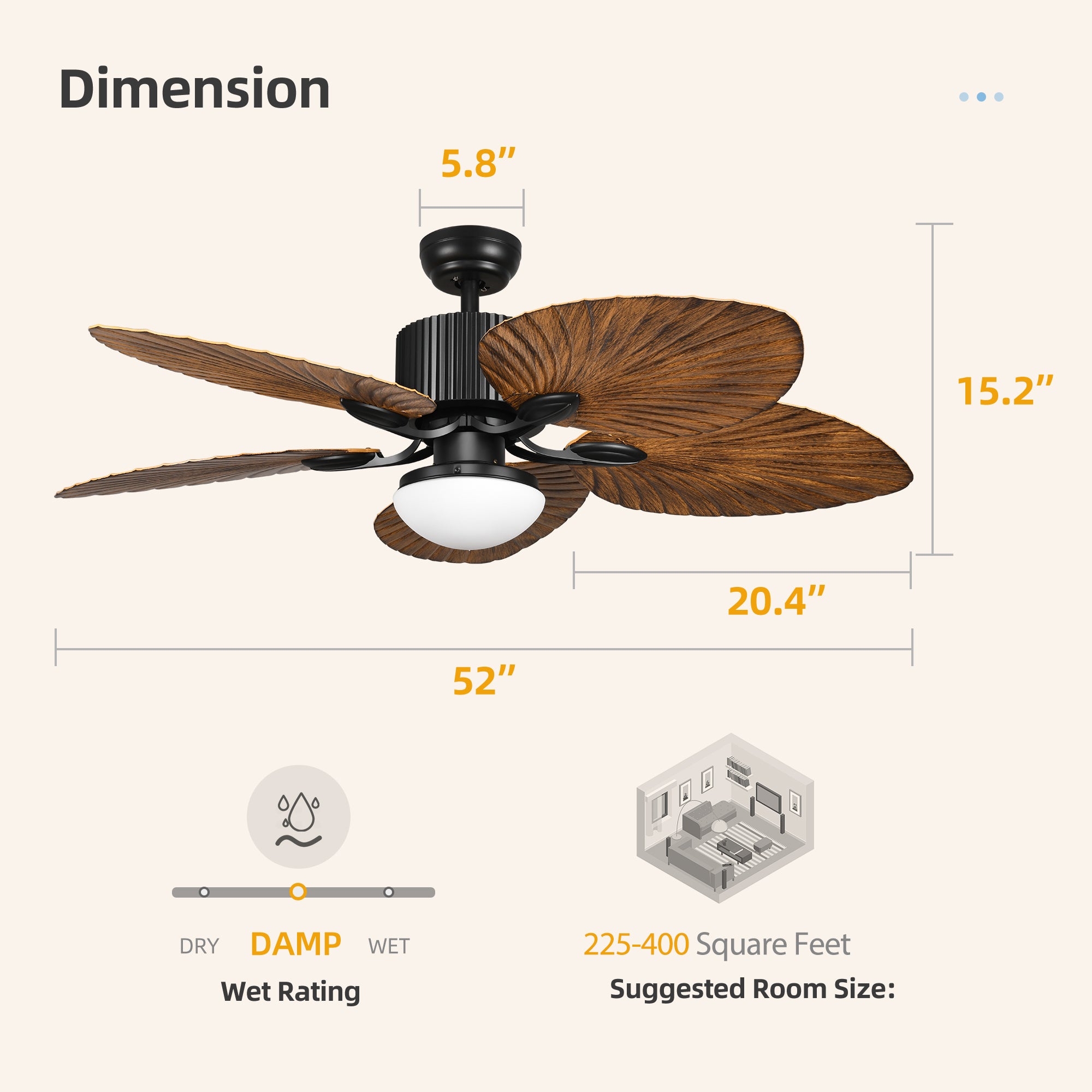 YITAHOME 52 inch Tropical Ceiling Fans with LED Light and Remote， Fan Light with Memory Function， 3 Speed and Lights Colors Changing， 5 blades