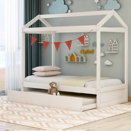 House Bed with Trundle  Can be Decorated  White Wf...