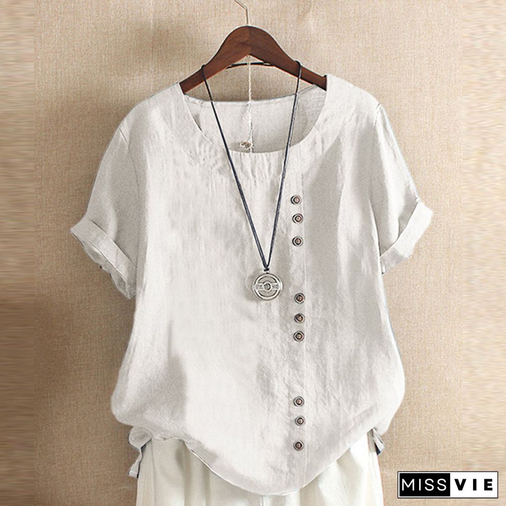 Women's Summer Retro Solid Color Casual Loose Cotton Linen Short Sleeve T-Shirt