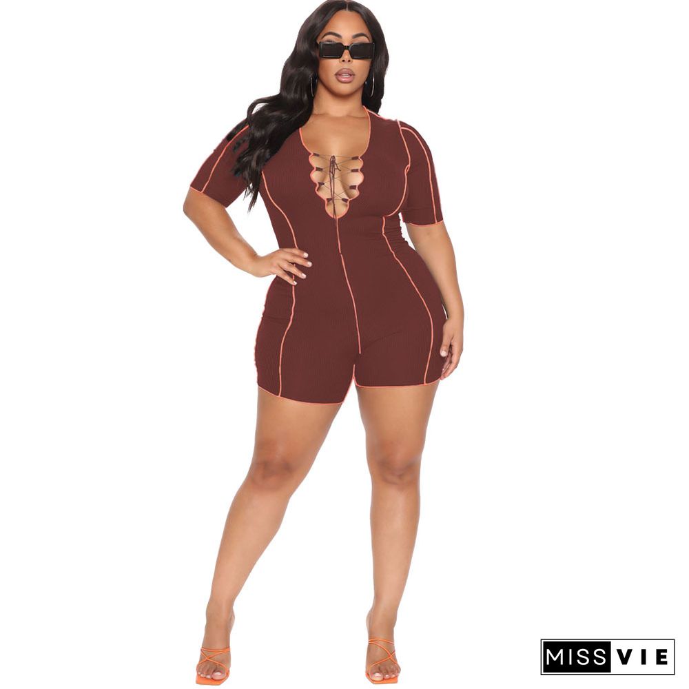 Summer Women Deep V-Neck Bandage Sexy Short Sleeve Plus Size Bodycon One Piece Romper