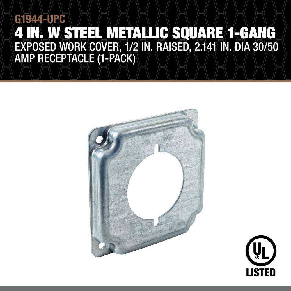 Southwire 4 in. W Steel Metallic 1-Gang Exposed Work Square Cover for 2.141 in. Dia 30 Amp to 50 Amp Round Receptacle (1-Pack) G1944-UPC