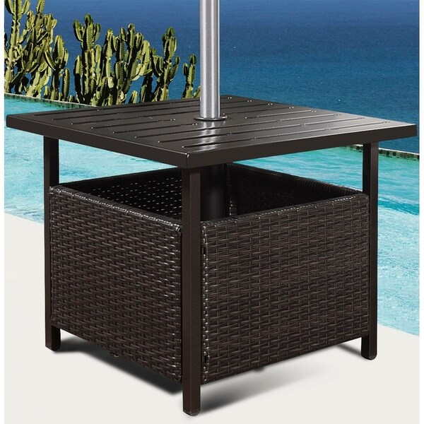 Rattan Wicker Side Table Outdoor Furniture Deck Umbrella Table Brown