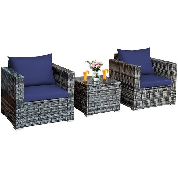 Tangkula 3 piece Patio Wicker Conversation Set Bistro Rattan Sofa Chair With Washable Cushion