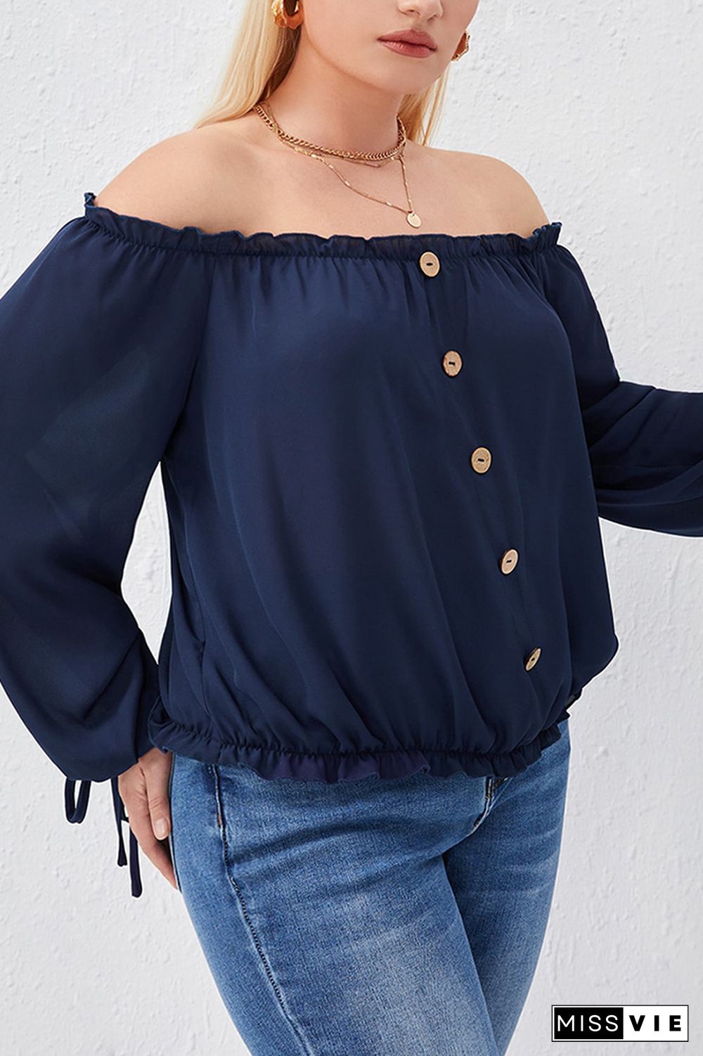 Navy Off Shoulder Button Down Gathering Hem Plus Size Long Sleeves Top