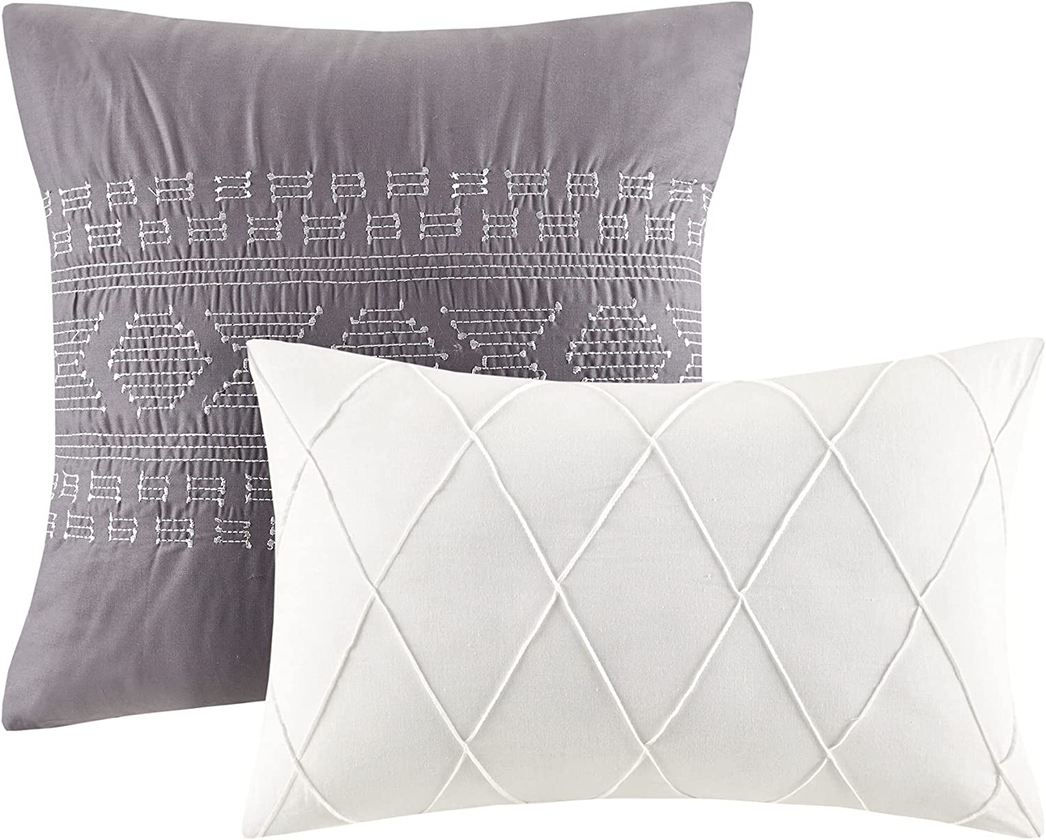 Lizbeth Cotton Comforter Set-Geometric Textured Clipped Jacquard Design, Cozy Cover, All Season Down Alternative Bedding, Sham, Decorative Pillow, King/Cal King, White/Grey 5 Piece