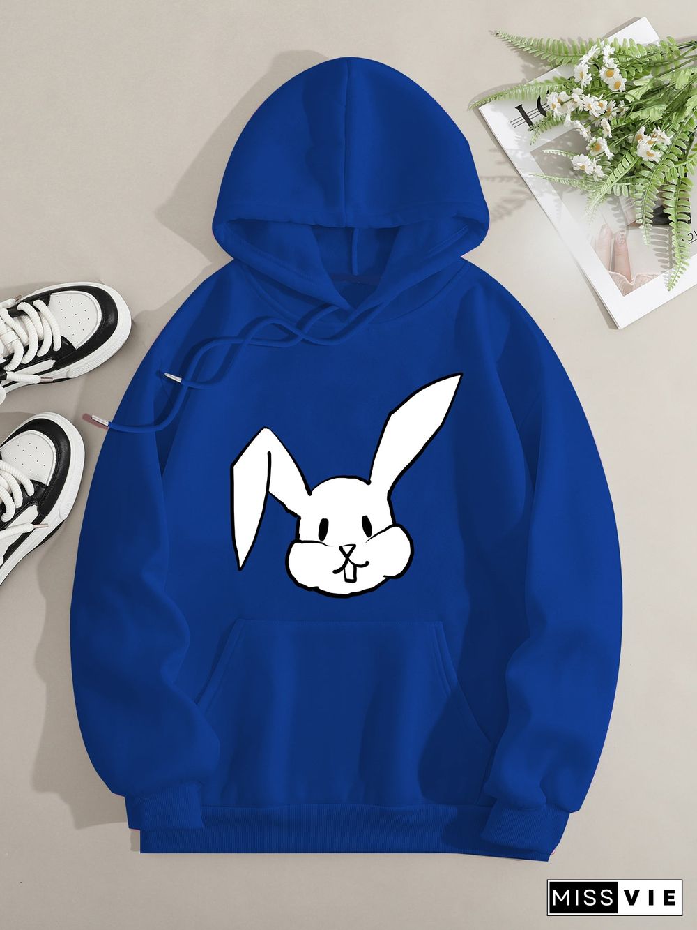 Printed on front Kangaroo Pocket Hoodie Long Sleeve for Women Pattern Big-Eared Rabbit