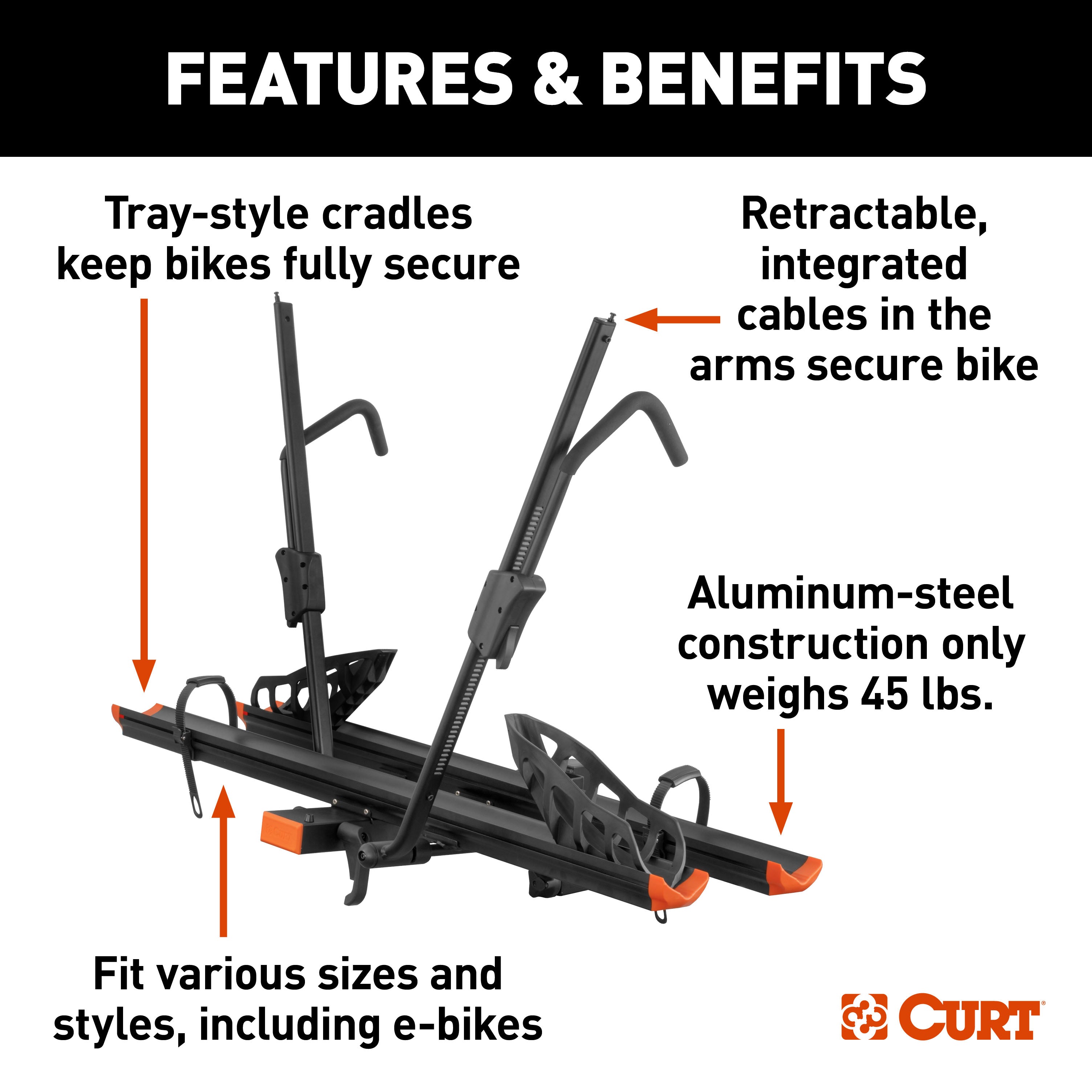 CURT 18088 Aluminum Tray-Style Platform Bike Rack Hitch Mount， Fits 2-Inch Receiver， 2 Bicycles