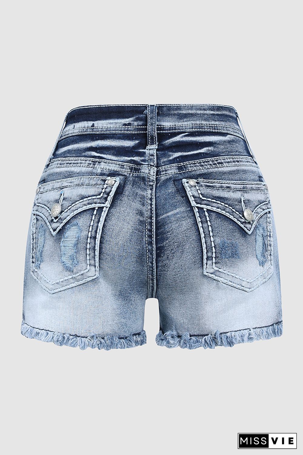 Star & Striped Embroidered Ripped Raw Hem Denim Shorts