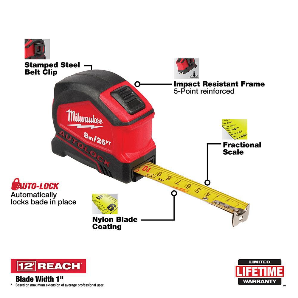 Milwaukee 8m/26' Compact Auto Lock Tape Measure 48-22-6826 from Milwaukee