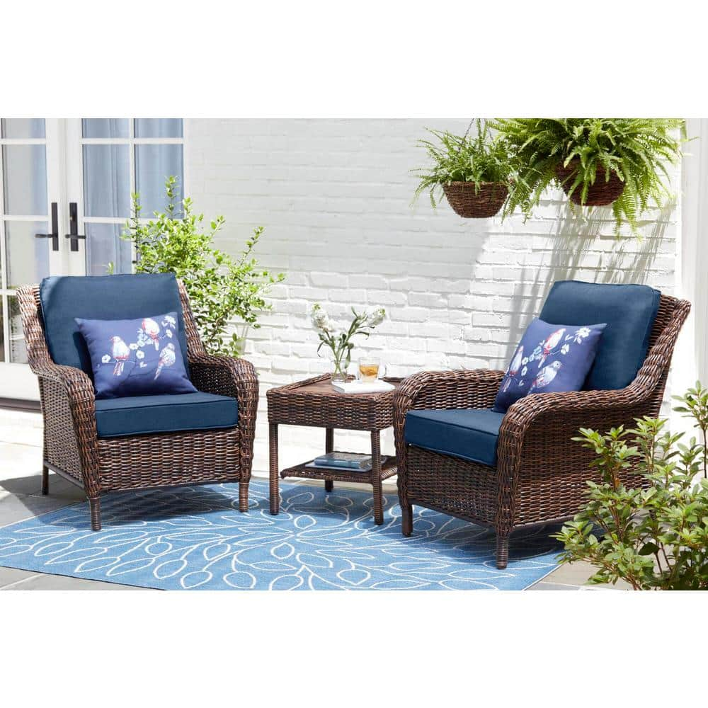 Hampton Bay Cambridge Brown Wicker Outdoor Patio Lounge Chair with CushionGuard Midnight Navy Blue Cushions 65-17148B1