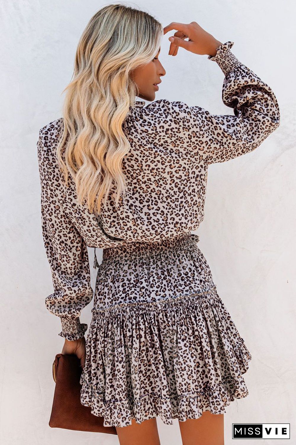 Leopard V Neck Long Sleeve Tie Waist Mini Dress