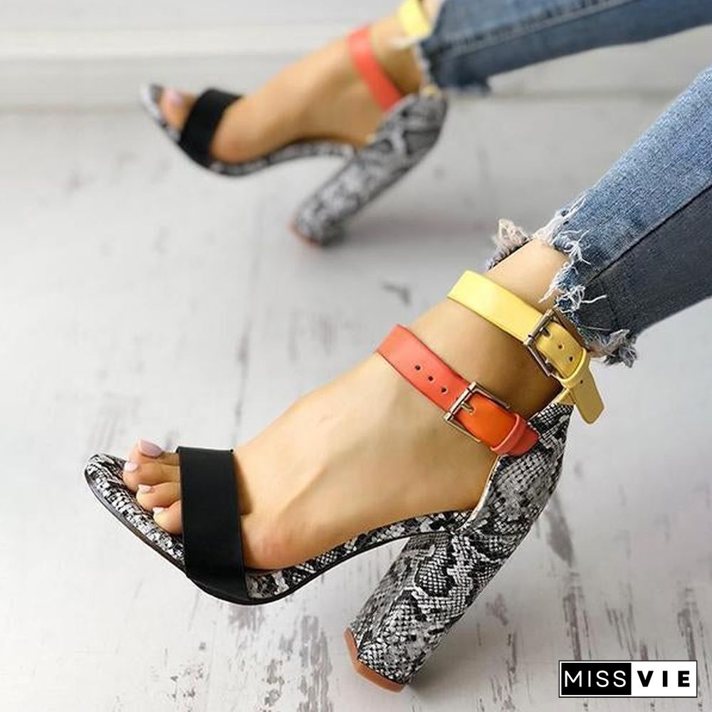 Contrast Color Snakeskin Buckled Chunky Heeled Sandals