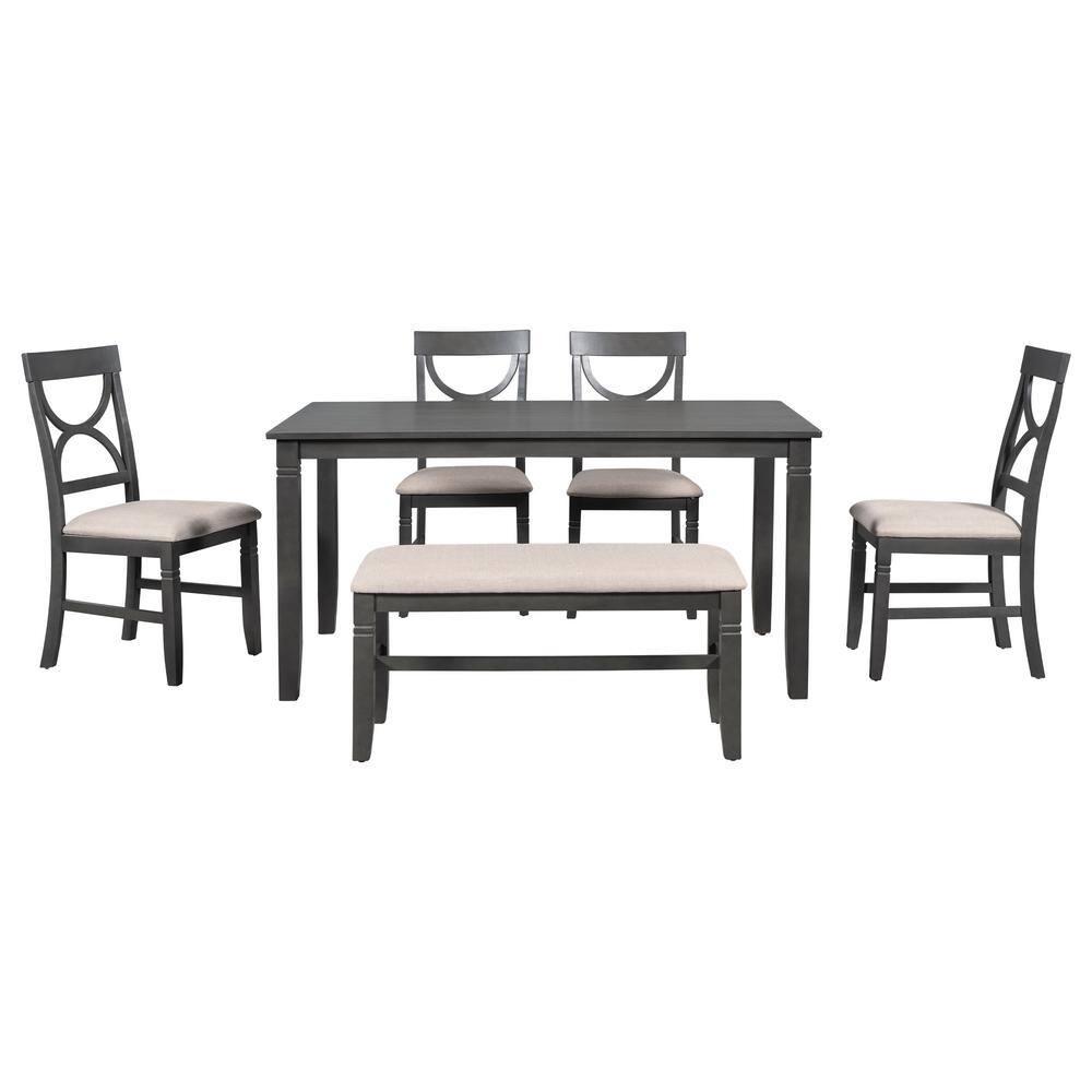 Harper  Bright Designs Farmhouse 6-piece Gray Rectangle MDF Top Dining Table Set Seats 6 with Upholstered Bench and 4 Chairs DT139AAE