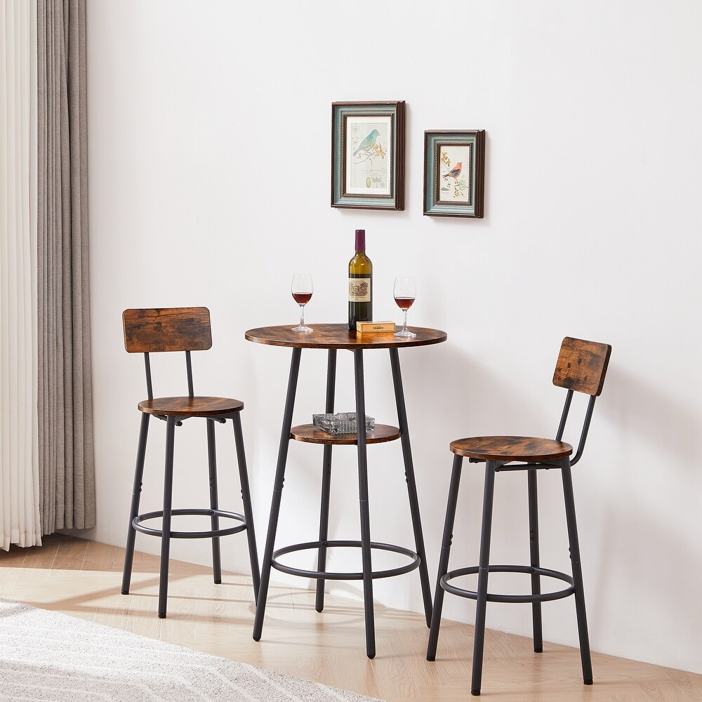 3 pcs Round Dining Bar Table Set with 2 Stool   Metal Frame (Set of 3)