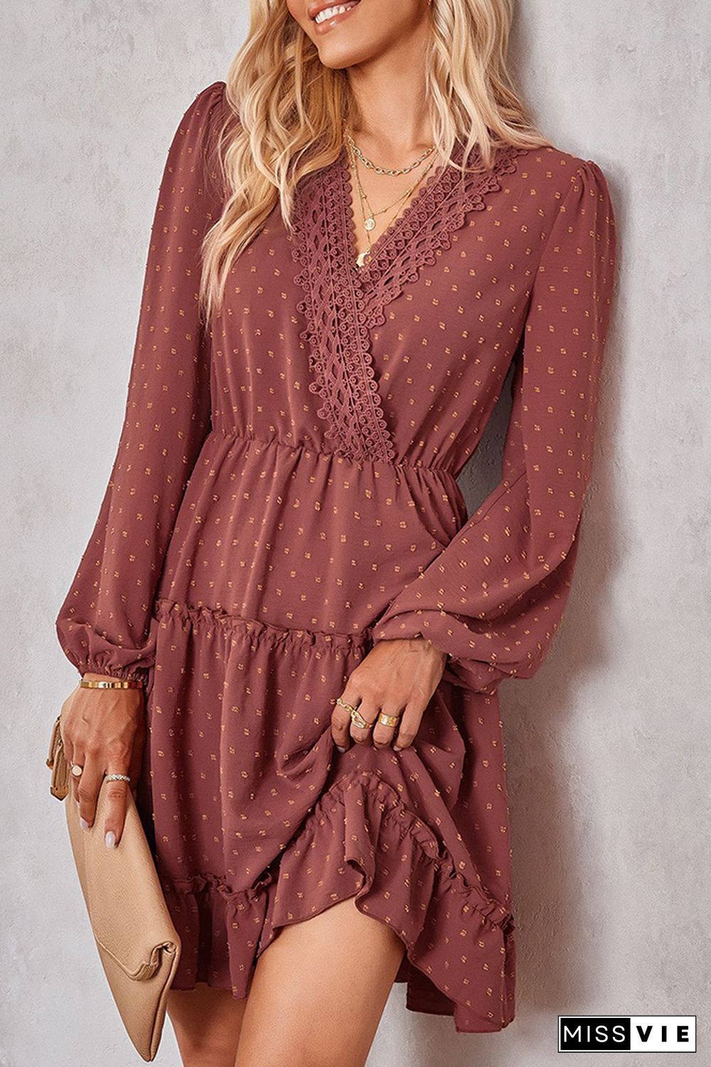 Swiss Dot Lace Crochet Long Sleeve Ruffle Dress