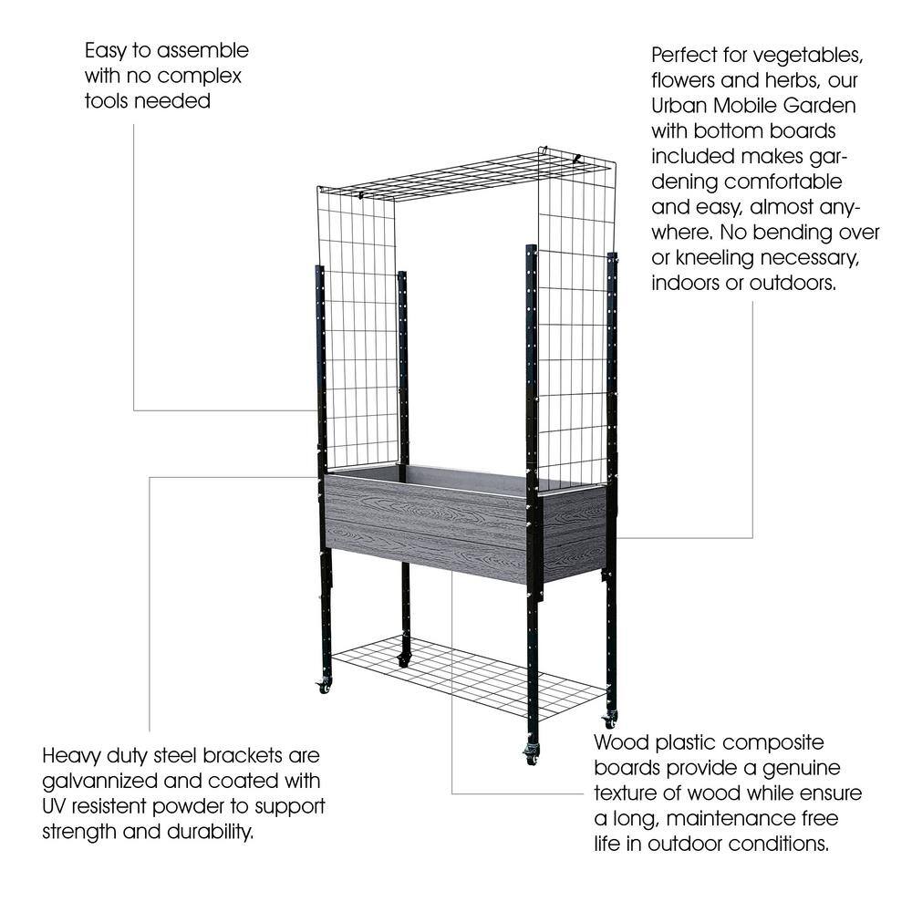 EverBloom 19 in. D x 81 in.H x45in. W Grey and Black Composite Mobile Garden Planter Box Raised Bed w/Trellis Arch and Under Shelf K2102G