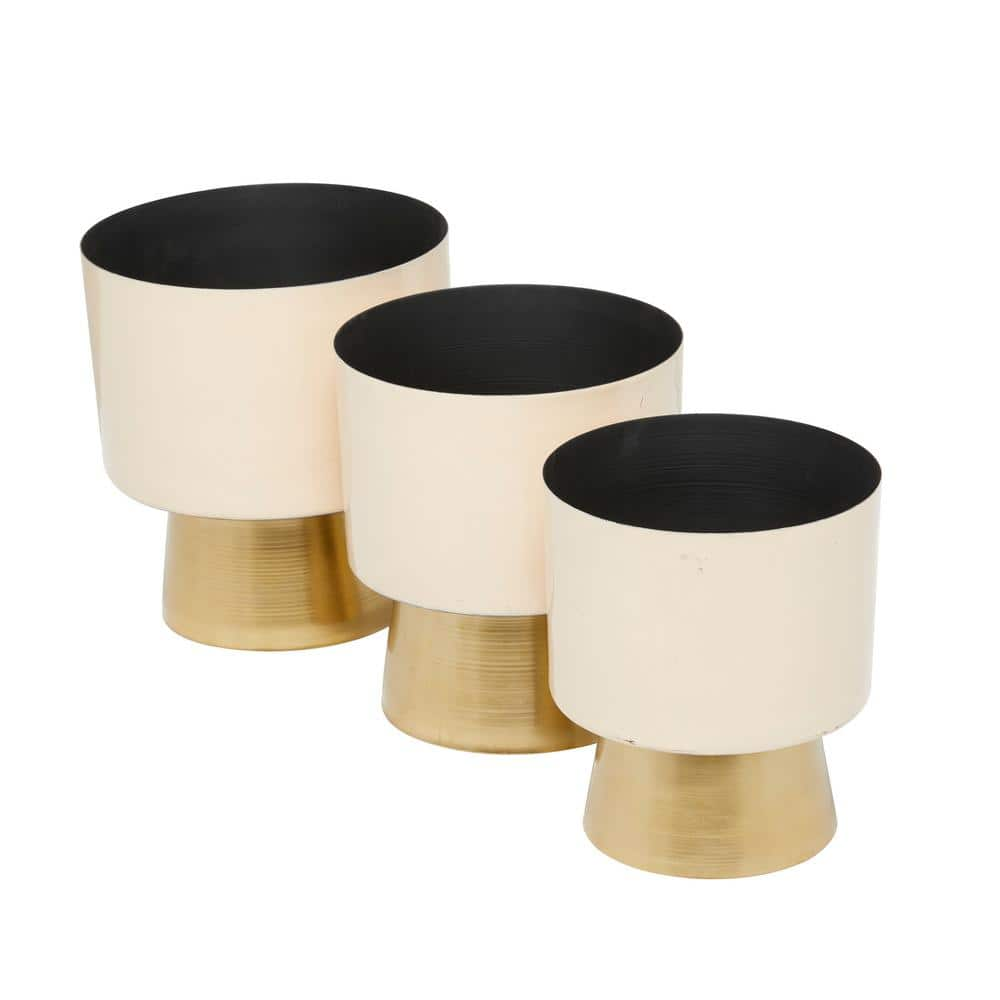 Litton Lane 11 in. 10 in. and 9 in. Medium Cream Metal Planter with Gold Base (3- Pack) 70266