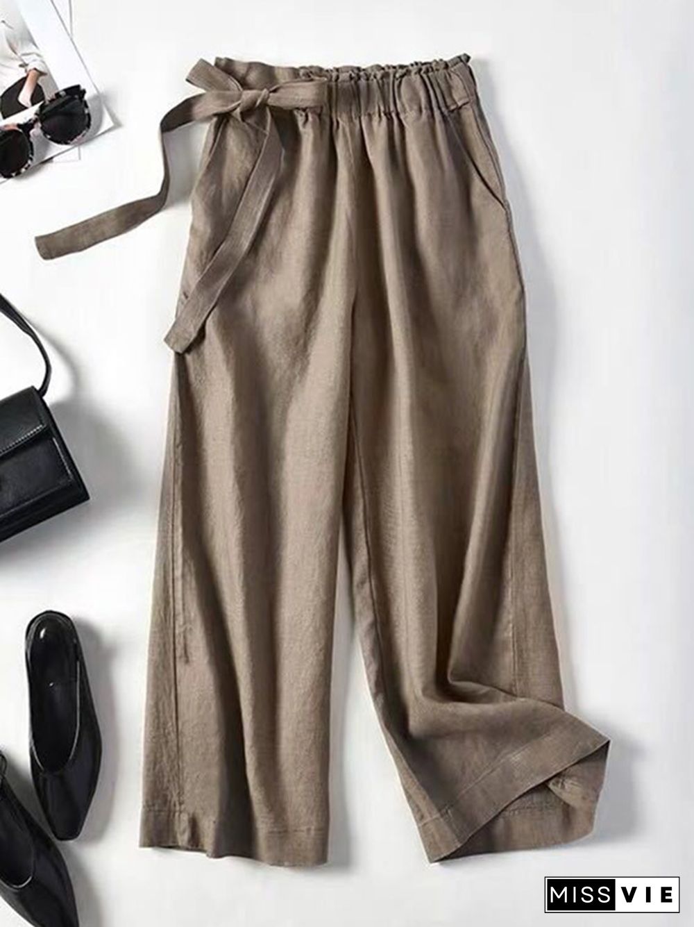 Simple Ramie Cotton Solid Color Loose Ninth Wide-Leg Pants