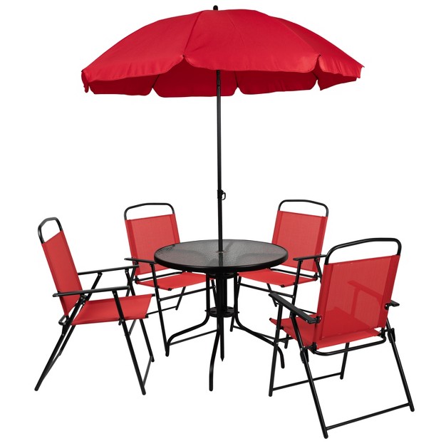 Flash Furniture Nantucket 6 Piece Patio Garden Set With Table Umbrella And 4 Folding Chairs